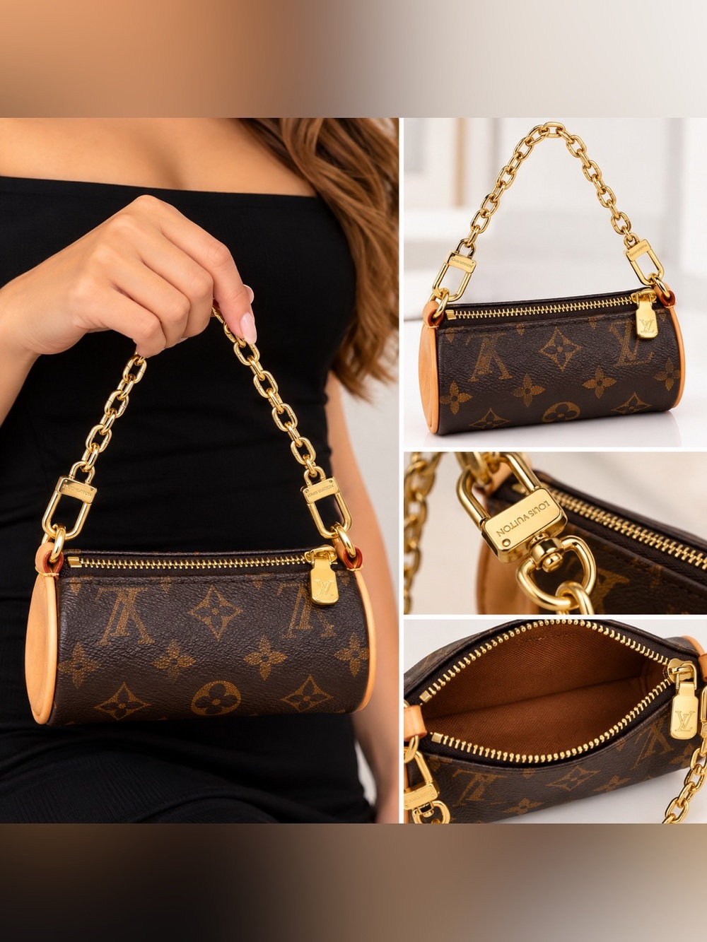 Louis Vuitton Monogram Canvas Mini Cylinder Bag with Gold Chain